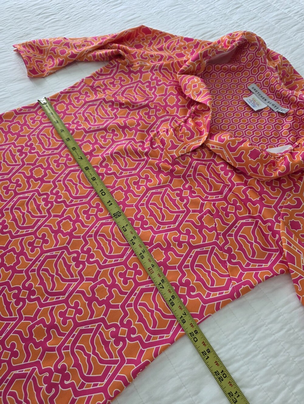 Gretchen Scott Ruffle Neck In Rio Grace Pink and Orange Patterned Dress - Picture 9 of 16